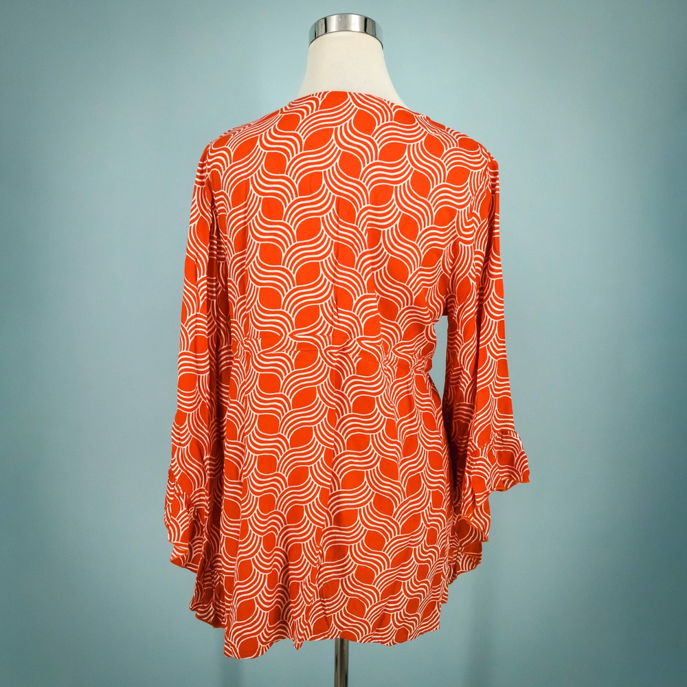Escapada Beach Size Medium M Orange Print Scoop V Neck Bell Sleeve Swim Cover Up - Picture 3 of 6